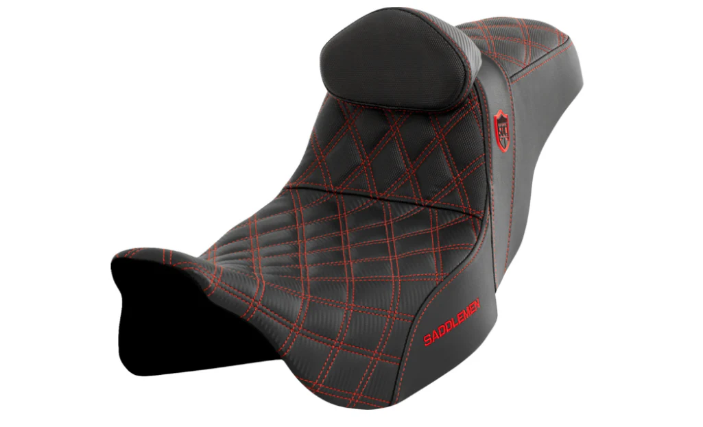 SADDLEMEN_San_Diego_Custom_Performance_Gripper_Seat_With_Backrest_2008-2023_Bagger_Black_with_Red_Diamond_Stitch_with_White_Logo