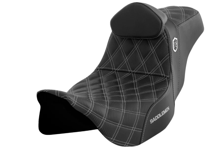 SADDLEMEN_San_Diego_Custom_Performance_Gripper_Seat_with_Back_Rest_2008-2023_Bagger_Black_with_Silver_Diamond_Stitching