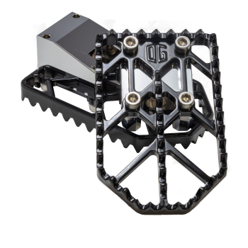 ORIGINAL_GARAGE_MOTO_Moto_X_Foot_Pegs_2018-M8_Softail-Pan_America_Front_Black_Chrome_Fixture_Block_with_Gloss_Black_Gripper