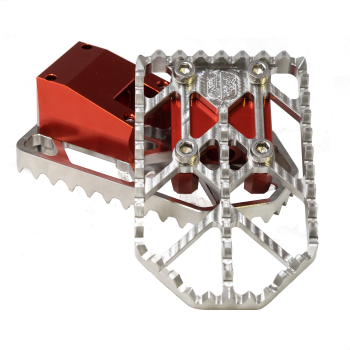 ORIGINAL_GARAGE_MOTO_Moto_X_Foot_Pegs_2018-M8_Softail-Pan_America_Front_Red_Fixture_Block_with_Raw_Stainless_Steel_Gripper